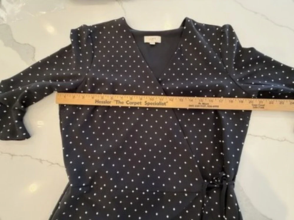 LOFT Black/White Polka Dot Wait Tie Faux Wrap 3/4 Sleeve Mini Skater Dress, Sz 8 - Picture 10 of 16
